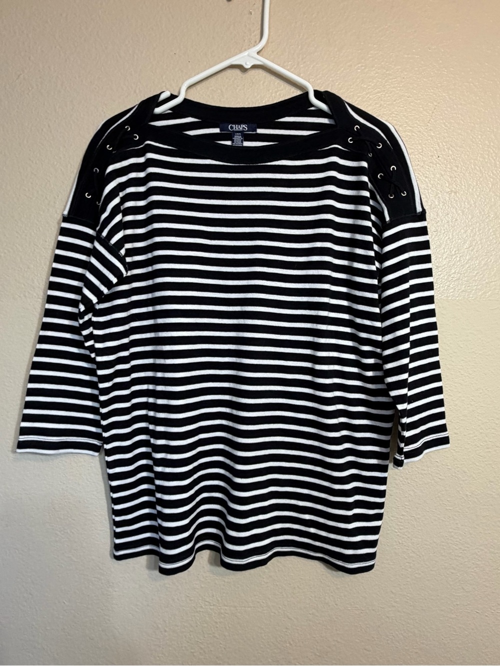 CHAPS Black & White Striped Lace-Up Shoulder Top Large